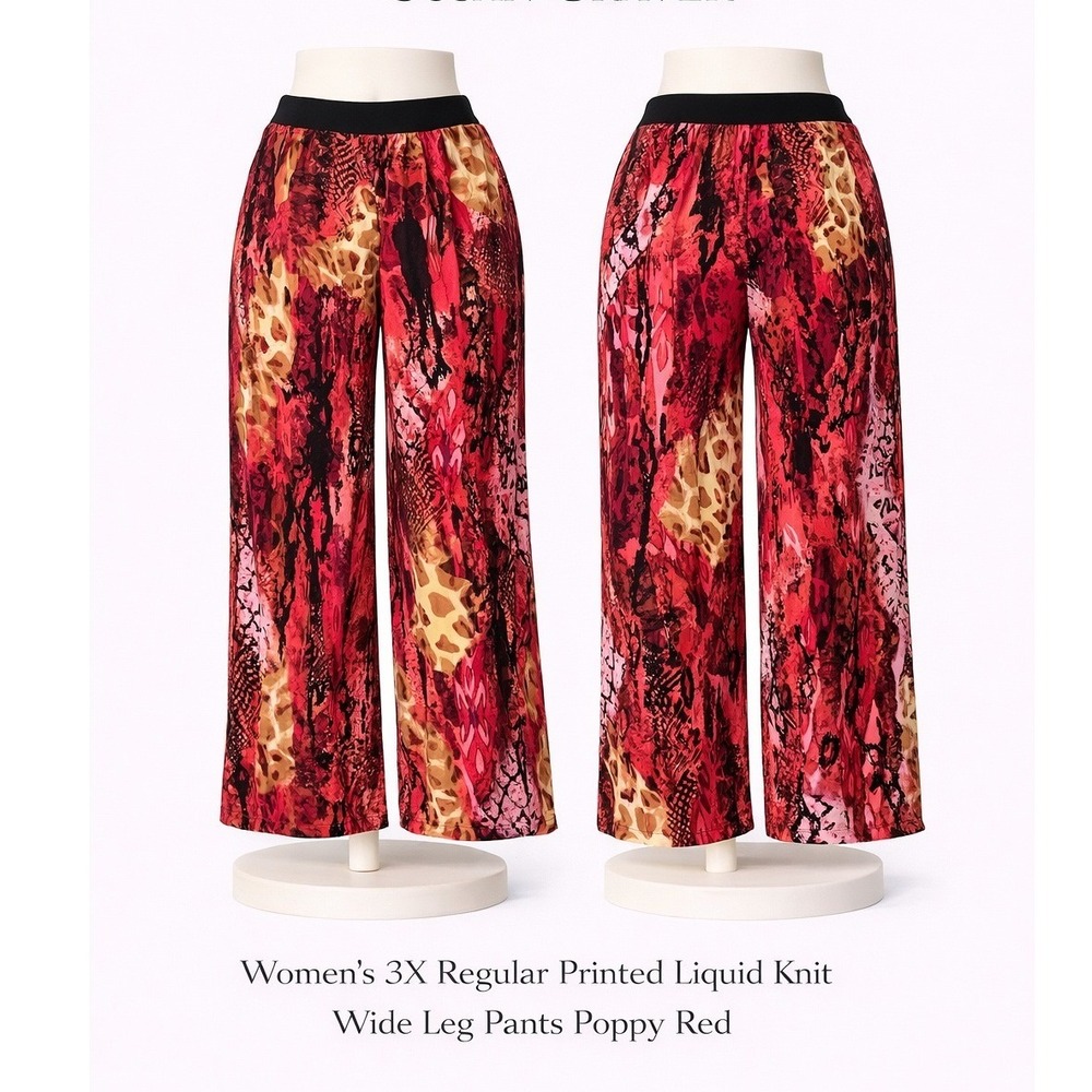 Simonton Says Women 3X Poppy Red Printed‎ Milky Knit Wide Leg Pants Animal Print